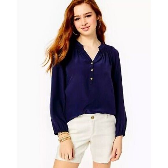 Lilly Pulitzer Elsa Silk Navy Blouse, size XS - Picture 2 of 7